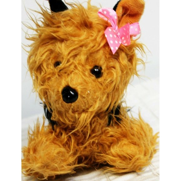 Dan Dee Small Yorkie Dog Brown Black Plush Stuffed Animal Sitting Pink Bow 8" - Picture 1 of 8